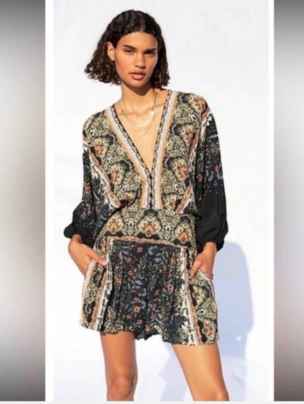 Free People Black Multi Floral Paisley VโNeck